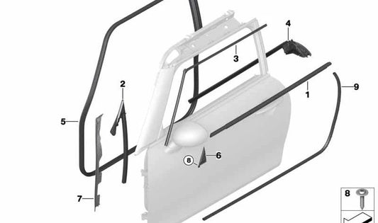 Sellado de puerta derecha OEM 51355A505D2 para MINI F56, F56 BEV, F56 LCI, F66. Original MINI.