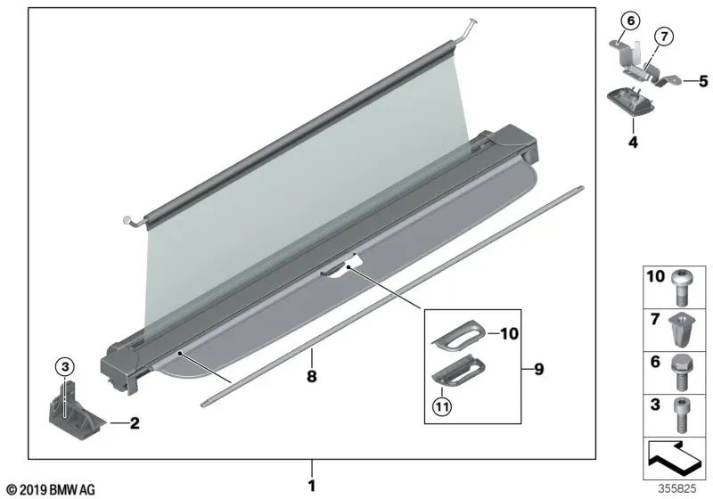 Roll-up trunk visor for BMW X5 F15, F85 (OEM 51477374350). Original BMW.