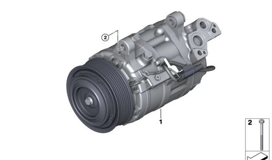 Air conditioning compressor with magnetic clutch for BMW 5 Series G30N, G31N, 6 Series G32N, X5 G05, G18, X6 G06, X7 G07 (OEM 64527948809). Genuine BMW