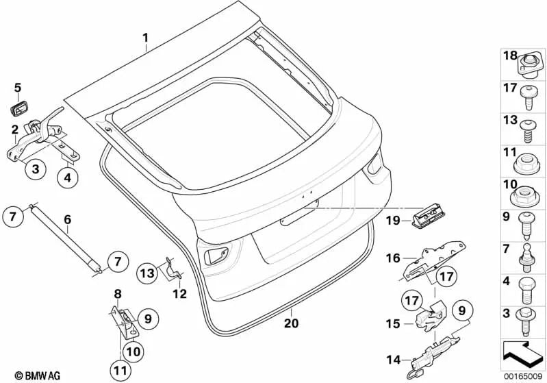Amortiguador de gas maletero derecho para BMW E71, E72 (OEM 51247201940). Original BMW.