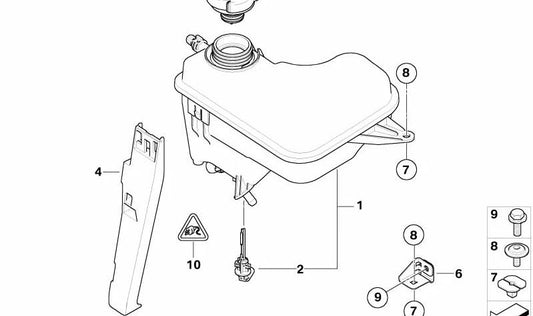 Soporte del vaso de expansión OEM 17137789363 para BMW E60, E61, E63, E64. Pieza original BMW.