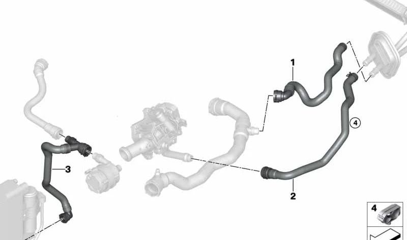 Manguera retorno calefacción OEM 64219329649 para BMW F20, F21, F22, F23, F30, F31, F32, F33, F34, F36. Compatible con versiones M140i. Repuesto original BMW.