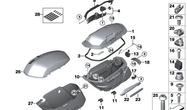 Bisagra del baúl OEM 46549898009 para BMW Motorrad C 600 Sport, C 650 Sport y C 650 GT. Original BMW Motorrad.