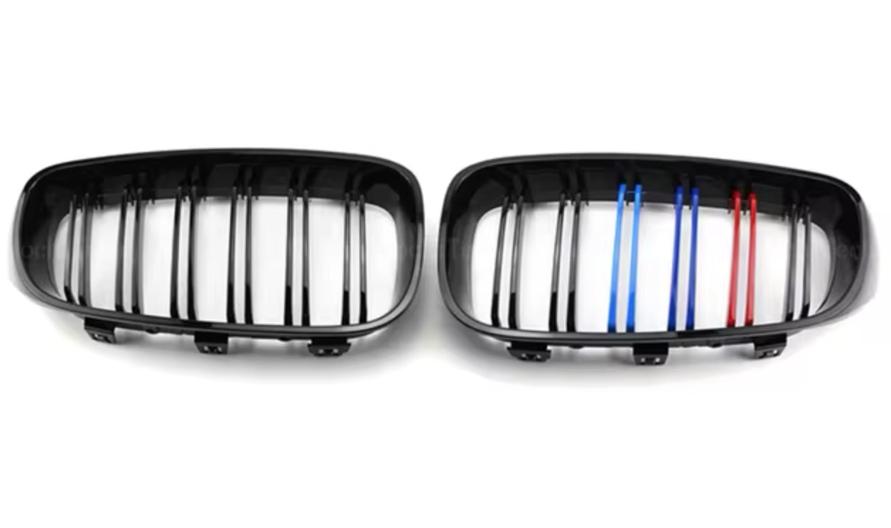 Waist bags in black with a glossy finish and M coloured lines, for BMW 3 Series GT F34 models, years 2012 to 2020
