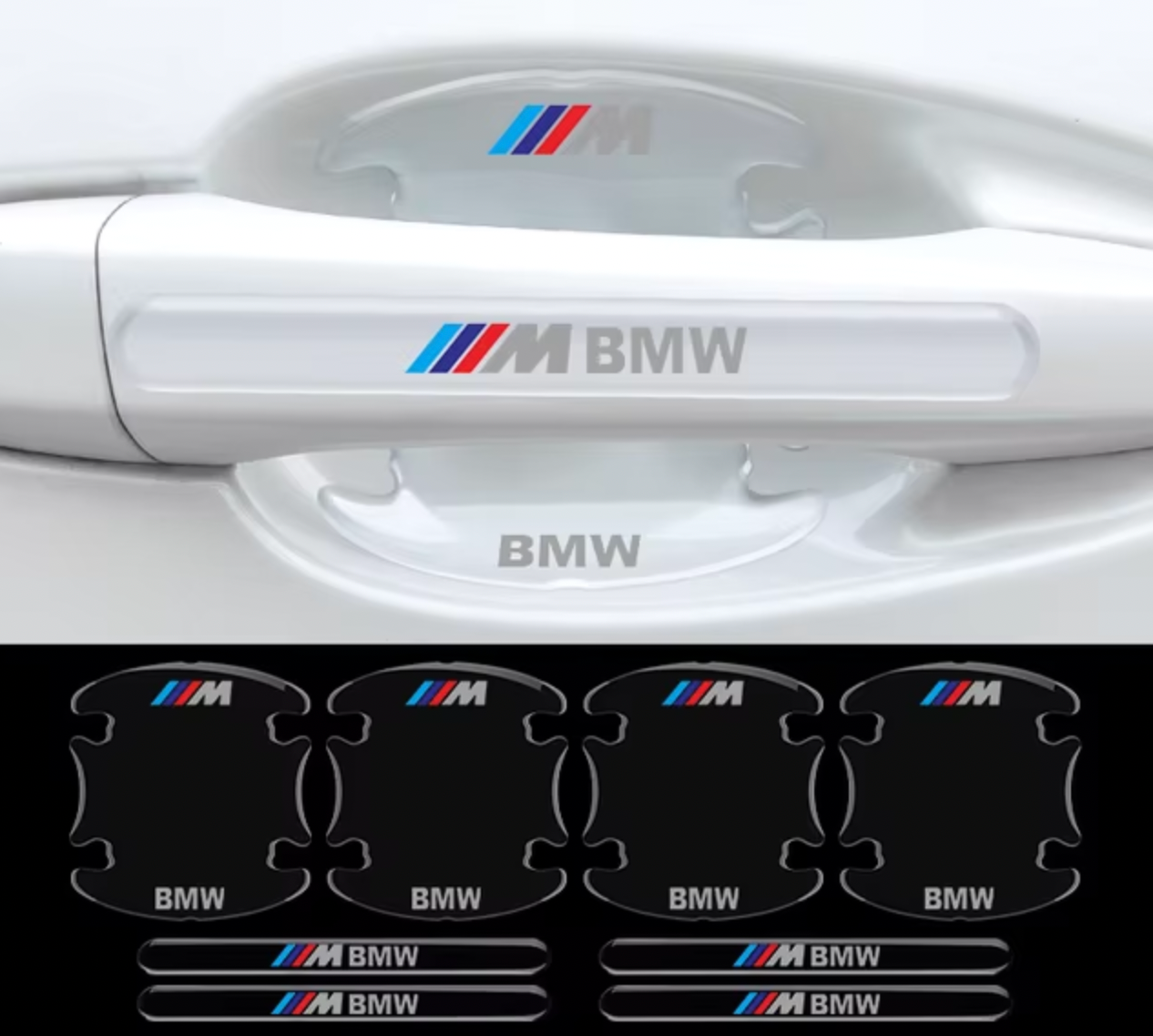 Pegatinas Protectoras Transparentes para Manija de Puerta BMW - Set de 8 Piezas (Logo BMW o ///M)