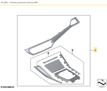 Molduras interiores en carbono y Alcantara OEM 51459642614 para BMW G42, G87, G20, G21, G28, G80, G81, G22, G23, G26, G82, G83. Original BMW.
