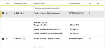 Molduras interiores en carbono y Alcantara OEM 51459642614 para BMW G42, G87, G20, G21, G28, G80, G81, G22, G23, G26, G82, G83. Original BMW.