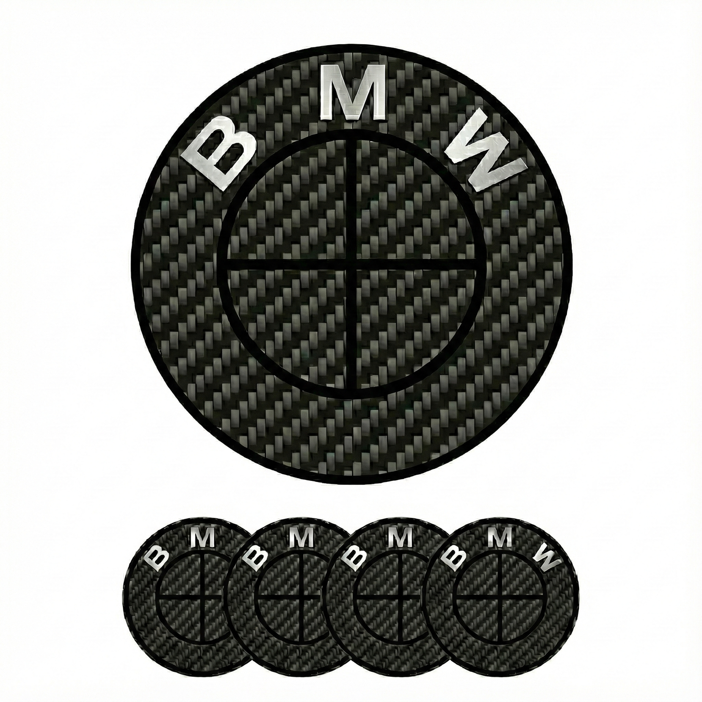 Emblema logo BMW efecto carbono – Insignia capó / maletero 82 / 74 mm · Volante 45 mm · Tapabujes 68 / 56 mm