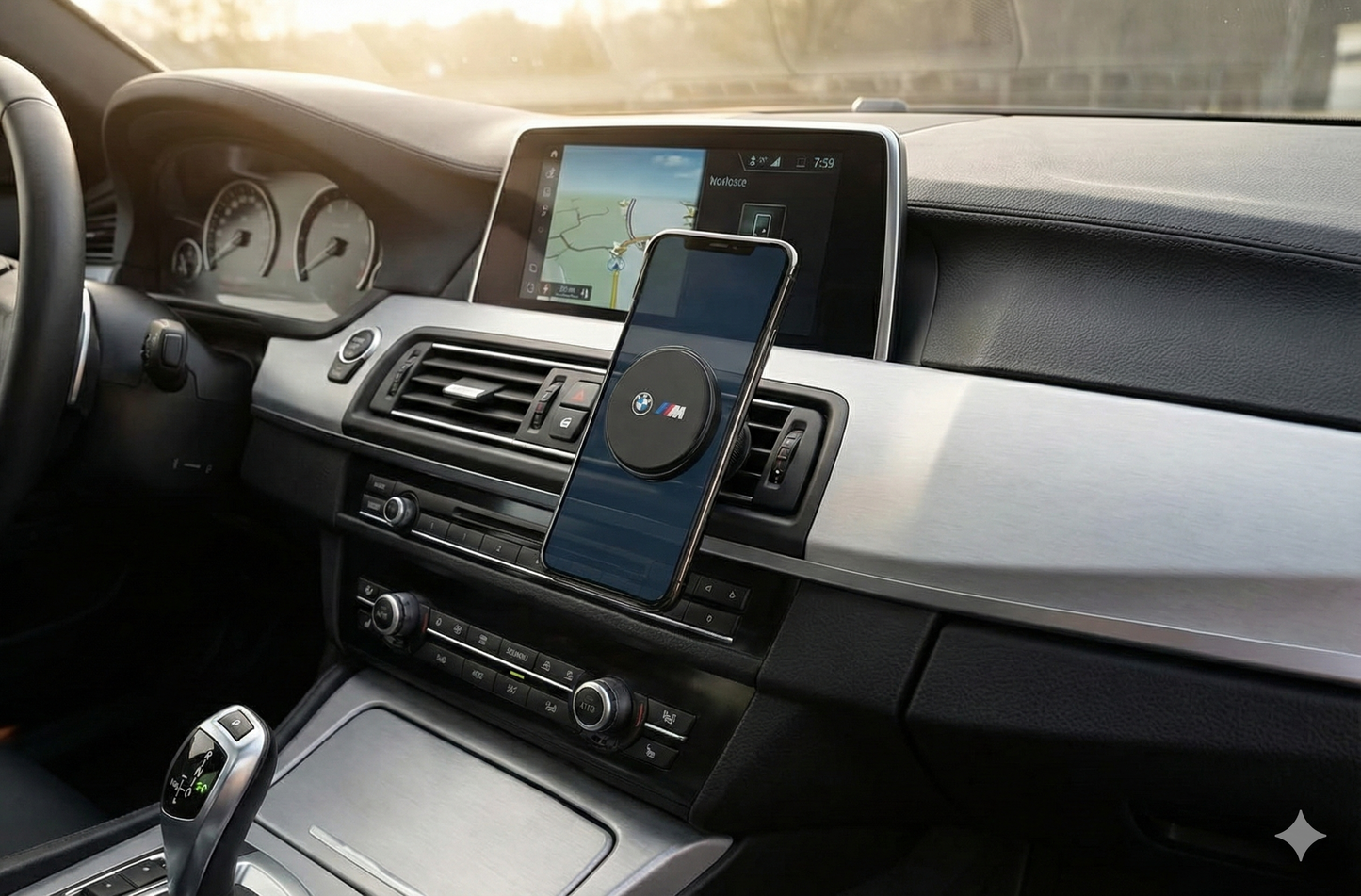 Soporte de móvil Apple / Android - BMW M original con cargador inalámbrico rápido de 15W – Manos libres magnético para coche