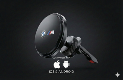Soporte de móvil Apple / Android - BMW M original con cargador inalámbrico rápido de 15W – Manos libres magnético para coche