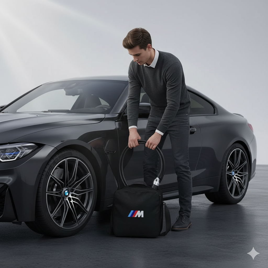 Bolsa de Almacenamiento para Cable de Carga BMW M - Organizador para Cables de Coche Eléctrico en Tela Oxford - Disponible en Forma Circular y Cuadrada