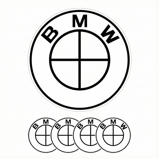 Emblema logo BMW blanco – Insignia capó y maletero 82 / 74 mm · Volante 45 mm · Tapabujes 68 / 56 mm