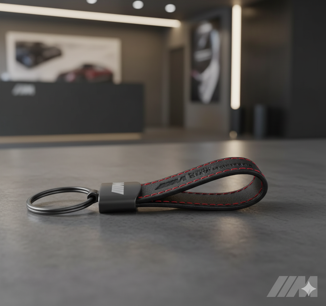 Llavero BMW ///M Powered by BMW Motorsport – Cuero negro con costuras rojas | Edición Exclusiva