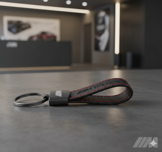 Llavero BMW ///M Powered by BMW Motorsport – Cuero negro con costuras rojas | Edición Exclusiva