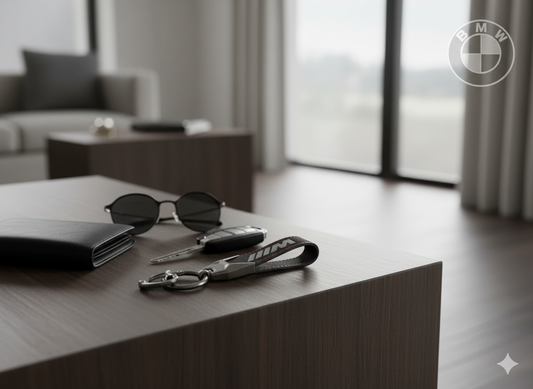 Llavero BMW ///M Performance – Diseño deportivo con correa negra y costura roja | Edición Premium