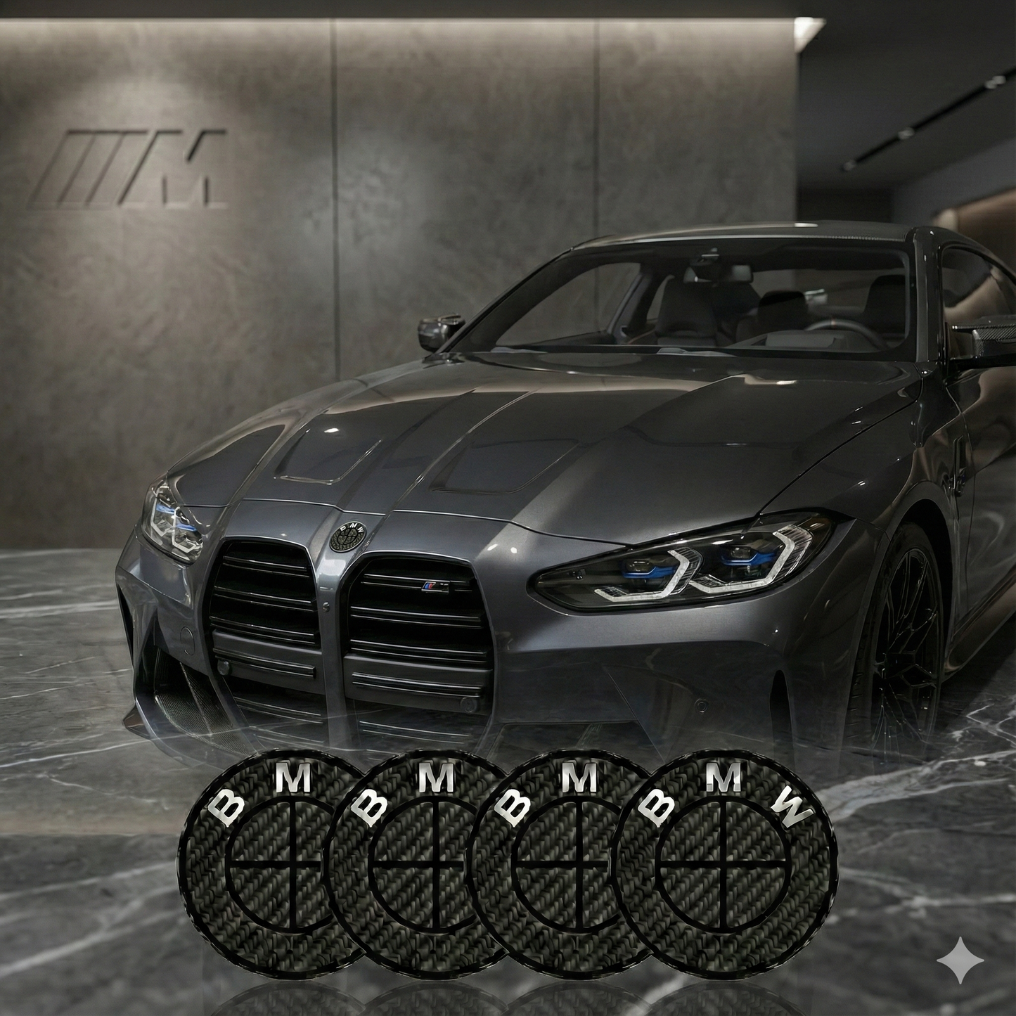 Emblema logo BMW efecto carbono – Insignia capó / maletero 82 / 74 mm · Volante 45 mm · Tapabujes 68 / 56 mm