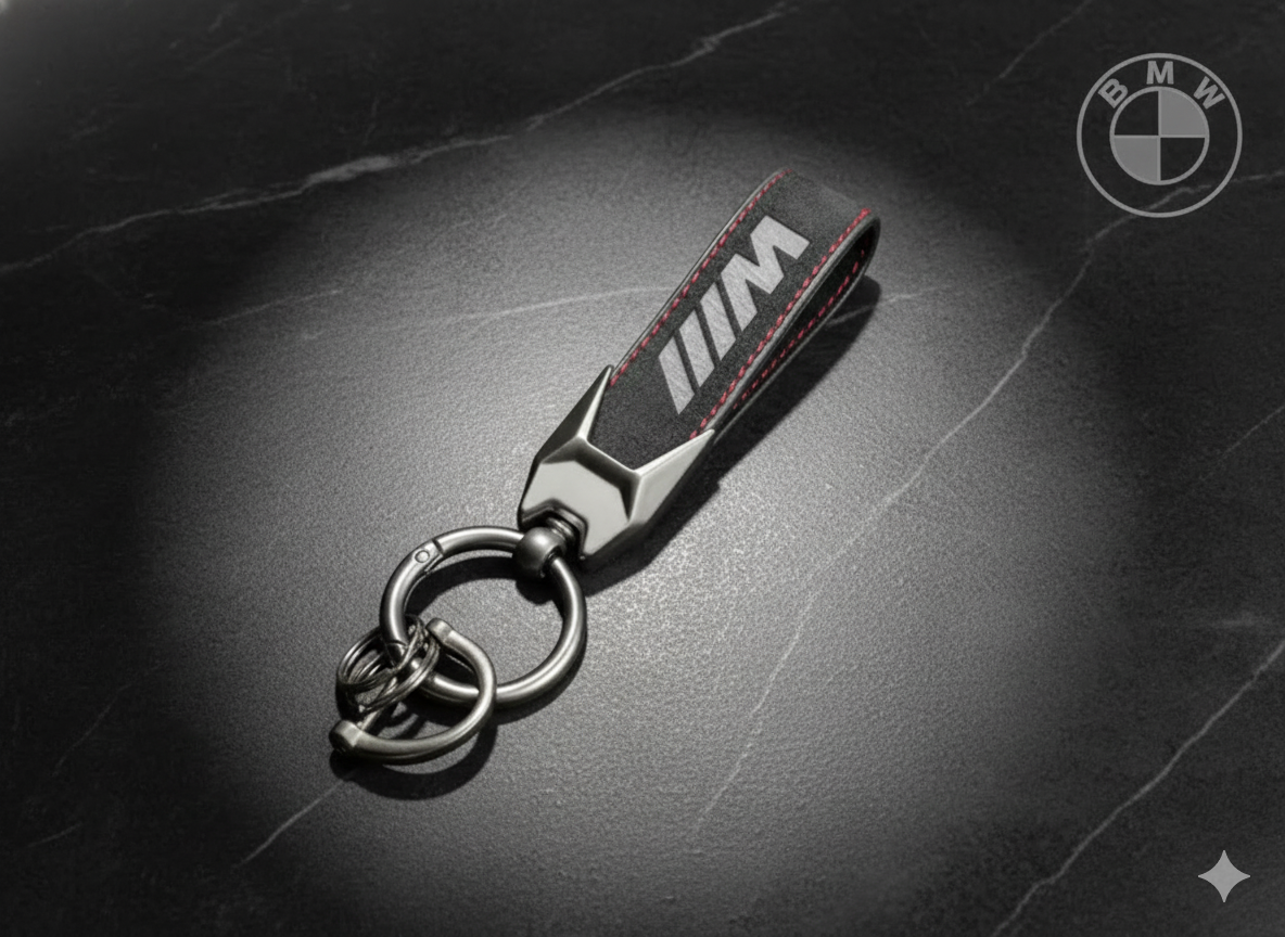 Llavero BMW ///M Performance – Diseño deportivo con correa negra y costura roja | Edición Premium
