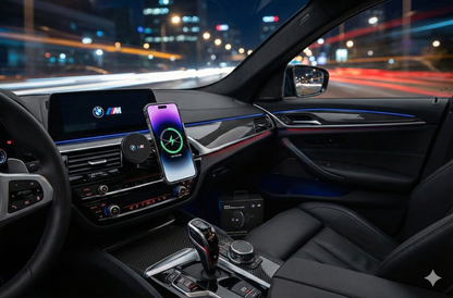 Soporte de móvil Apple / Android - BMW M original con cargador inalámbrico rápido de 15W – Manos libres magnético para coche