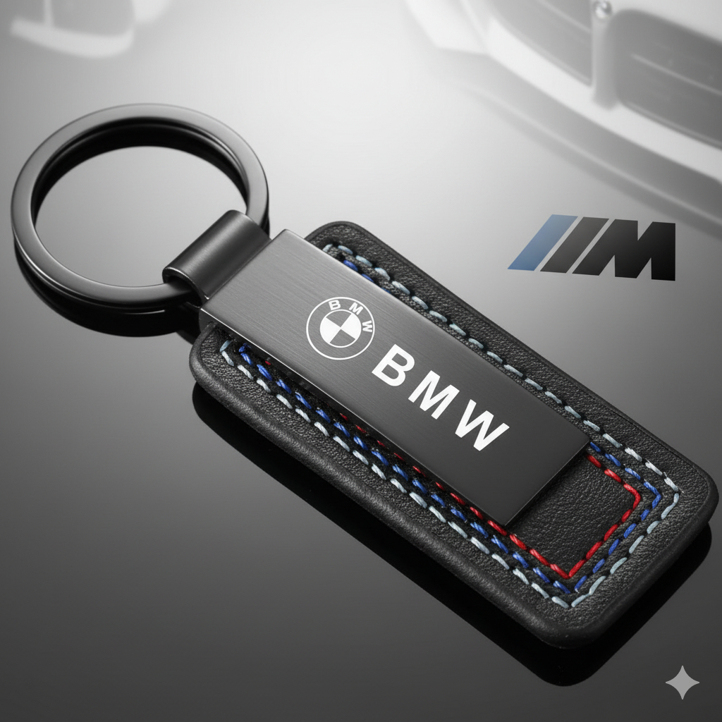 Llavero BMW con logo metálico y costuras tricolor ///M – Elegancia y estilo Premium