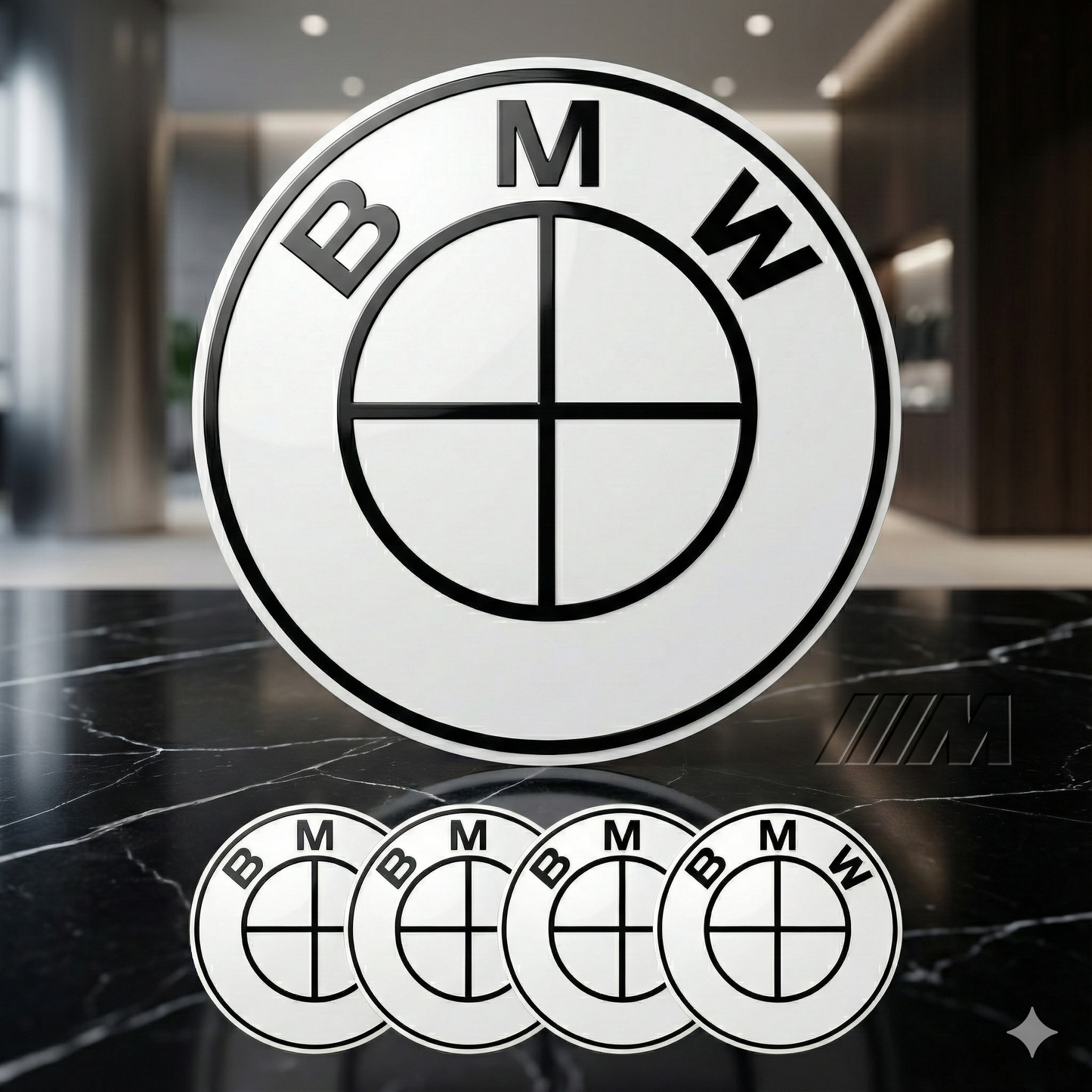 Emblema logo BMW blanco – Insignia capó / maletero 82 / 74 mm · Volante 45 mm · Tapabujes 68 / 56 mm