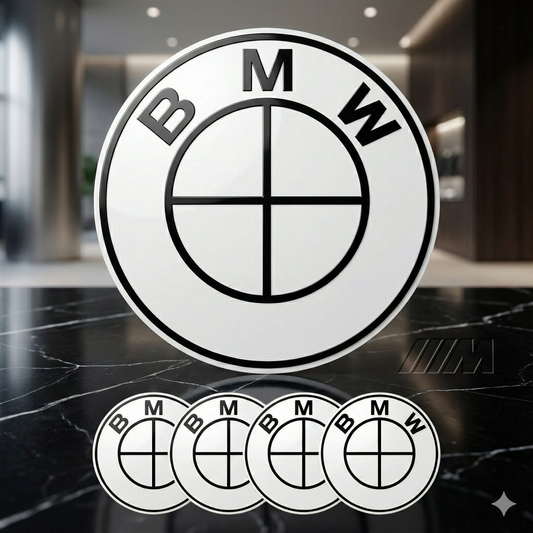 Emblema logo BMW blanco – Insignia capó y maletero 82 / 74 mm · Volante 45 mm · Tapabujes 68 / 56 mm