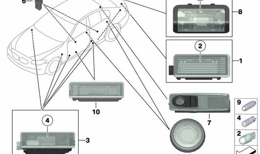 Módulo LED para hueco portaobjetos OEM 63316999951 para BMW F10, F10N, F11, F11N, F18, F18N. Iluminación interior original BMW.