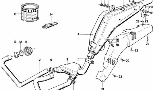 Pipe d'échappement chromé à gauche OEM 18111451843 pour BMW Motorrad R 80 ST (R247). Convient aux modèles fabriqués entre 1982 et 1984. BMW original.