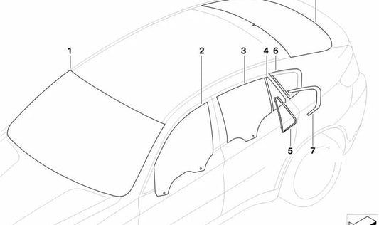 Cristal lateral izquierdo verde con junta OEM 51377189267 para BMW X6 E71 (modelos xDrive30d, xDrive35d, xDrive35i). Compatible con vehículos fabricados entre 2008 y 2014. Cristal original BMW.