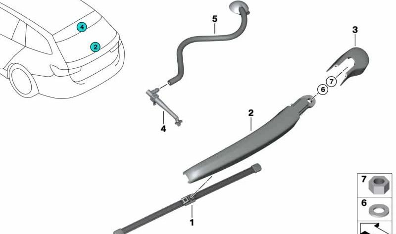 Boquilla limpiaparabrisas trasera con tubo OEM 61687468050 para BMW G21, G21N, G81, G81N. Original BMW.
