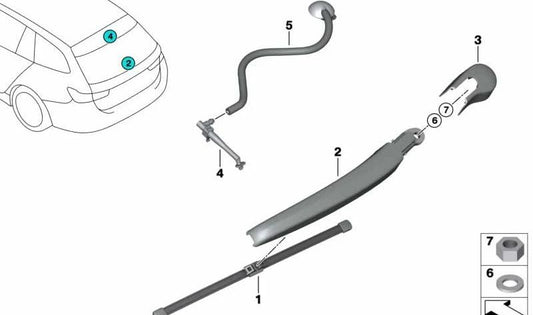 Boquilla limpiaparabrisas trasera con tubo OEM 61687468050 para BMW G21, G21N, G81, G81N. Original BMW.