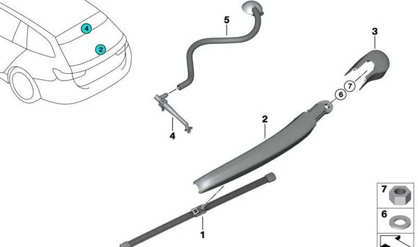 Boquilla limpiaparabrisas trasera con tubo OEM 61687468050 para BMW G21, G21N, G81, G81N. Original BMW.