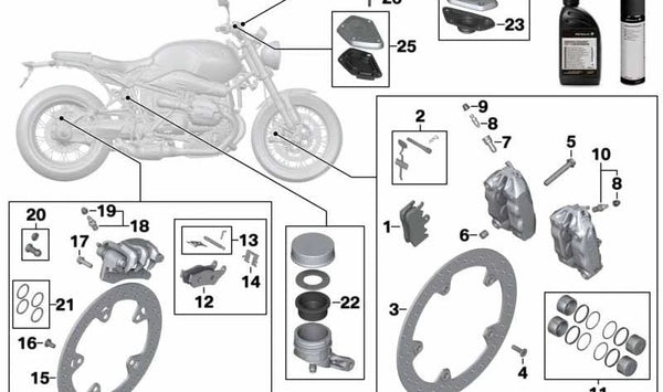 Juego de émbolo del freno delantero con junta OEM 34118549507 para motos BMW R nineT, F 900 R, F 900 XR, F 800 R. Original BMW Motorrad.