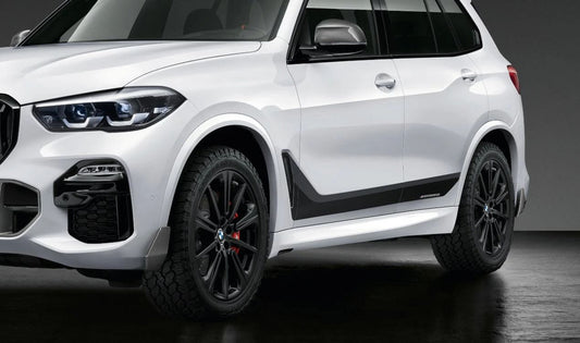Vinilos laterales M Performance Frozen Black OEM 51142456383 para BMW X5 G05, G05N, G18, G18N. Incluye adhesivos para ambos lados con logo M. Original BMW.