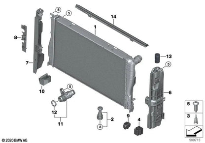 Suporte para radiador de água para BMW Série 1 E81, E82, E87, E87N, E88, Série 3 E90, E90N, E91, E91N, E92, E92N, E93, E93N, X1 E84, Z4 E89 (OEM 17117590119). BMW original