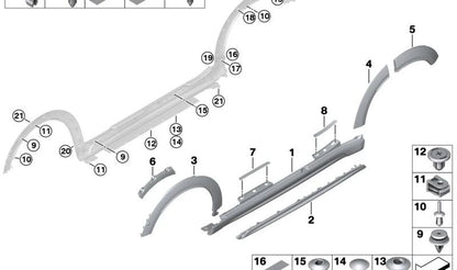 Moldura lateral derecha imprimada OEM 51775A7B518 para MINI F60 (Cooper). Compatible con modelos fabricados entre 2016 y 2024. Original MINI.