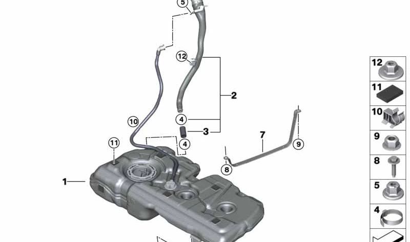 Depósito de combustible de plástico OEM 16115A44A11 para BMW 2er U06, X1 U11, X2 U10 y MINI U25. Original BMW y MINI. 45 litros.