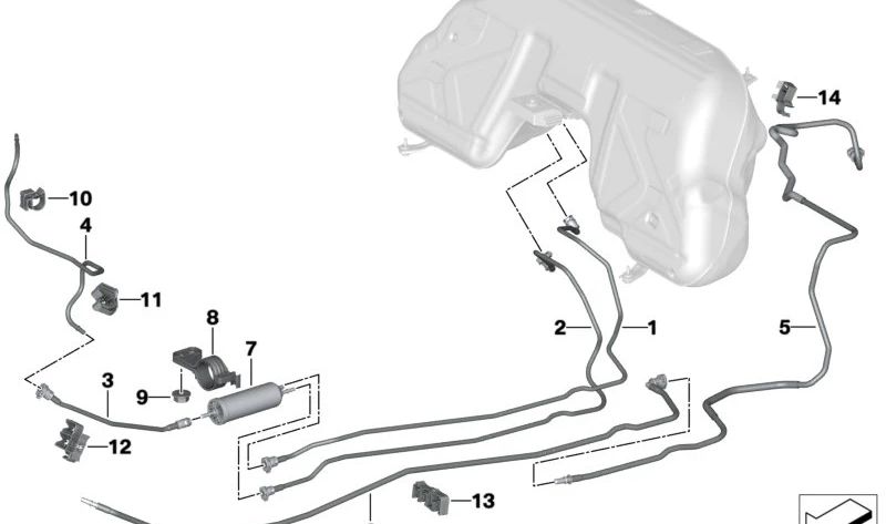 Tubería de combustible delantera OEM 16127467091 para BMW Z4 G29 {M40i HF01, HF02, HF51, HF52, HF61, HF62, sDrive20i HF11, HF12, HF21, HF22}. Original BMW.