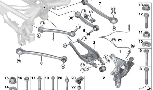 Rótula de suspensión trasera OEM 33326884725 para BMW G87 (Serie 2), G82 (Serie 4). Recambio original BMW.
