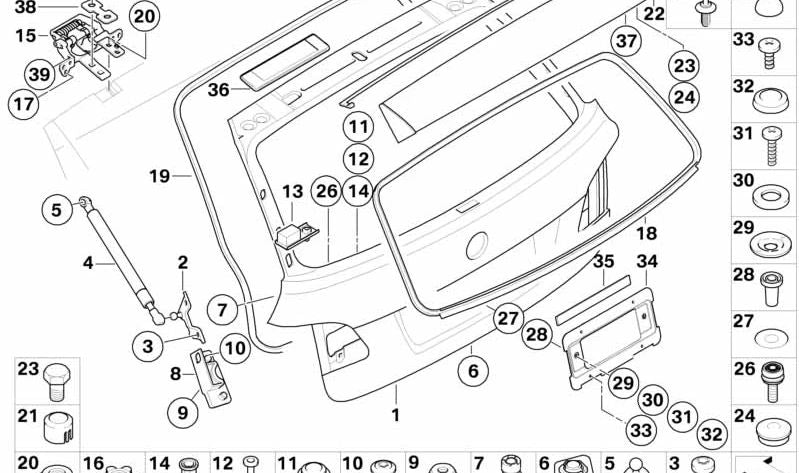 Bisagra izquierda portón trasero OEM 41627210667 para BMW Serie 5 E61 (todos los modelos compatibles: 520d NJ31, NJ32, NJ41, NJ42, PX11, PX12, PX21, PX22, PX31, PX32). Original BMW.