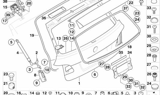 Bisagra izquierda portón trasero OEM 41627210667 para BMW Serie 5 E61 (todos los modelos compatibles: 520d NJ31, NJ32, NJ41, NJ42, PX11, PX12, PX21, PX22, PX31, PX32). Original BMW.