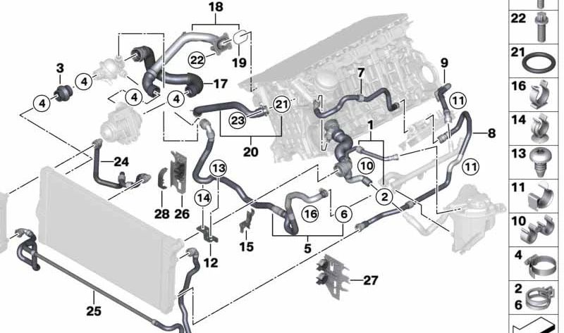 Tubería de refrigerante OEM 11537581798 para BMW F01, F02. Original BMW.