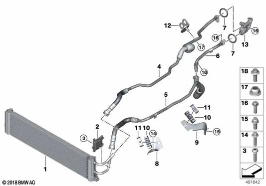 Transmission Oil Cooler Pipe Front Rear Flow For BMW G30, G30N, G31N 5 Series, G11N, G12N 7 Series, G14, G15, G16 8 Series (OEM 17228689543). Original BMW.