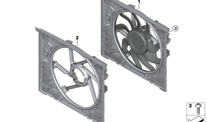 Ventilador con marco OEM 17429886712 para BMW G26E y G26F. Repuesto original BMW. Ideal para sistema de refrigeración, fácil búsqueda como "ventilador radiador BMW G26".