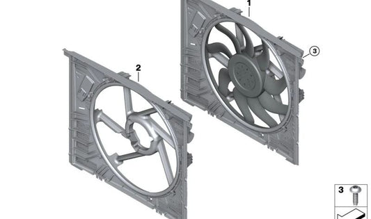 Ventilador con marco OEM 17429886712 para BMW G26E y G26F. Repuesto original BMW. Ideal para sistema de refrigeración, fácil búsqueda como "ventilador radiador BMW G26".