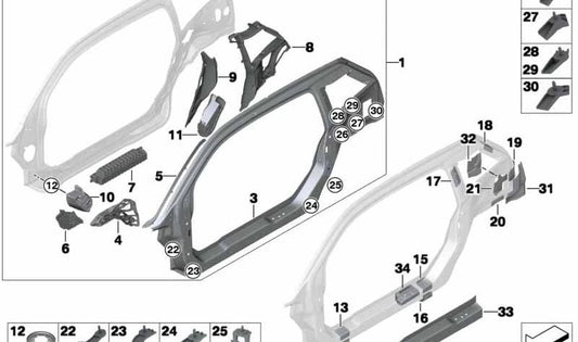 Chapa refuerzo lateral trasera derecha superior OEM 41007358996 para BMW i3 {I01}. Original BMW.