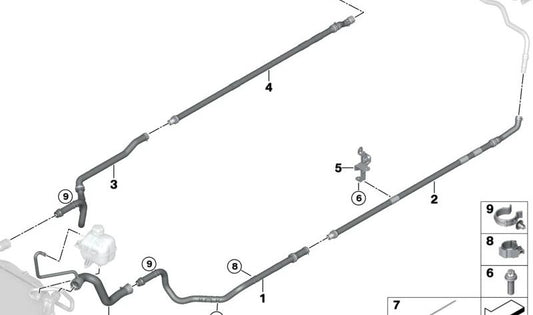 Manguera de refrigerante OEM 17128611672 para BMW i3 (I01) modelos 60Ah, 94Ah y 120Ah Rex. Compatible con años 2013 a 2022. Original BMW.