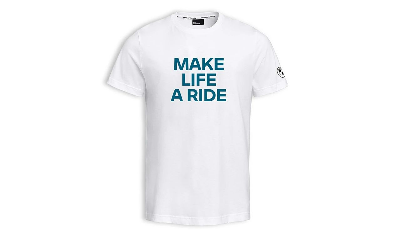 Camiseta "Make Life A Ride" blanca talla L OEM 76615B3E469 para BMW Motorrad. Original BMW Motorrad.