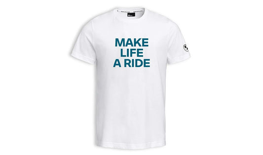 T-shirt "Make Life a Ride" bianca taglia S OEM 76615B3E467 per BMW. BMW Motorrad originale.