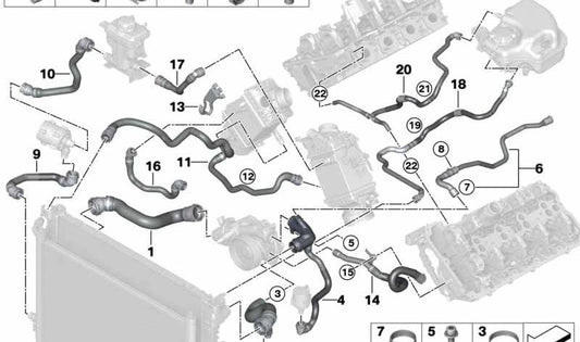 Mangueira do radiador - Bomba de água para BMW Série 5 G30, Série 7 G11N, Série 8 G14 (OEM 17128682034). BMW original