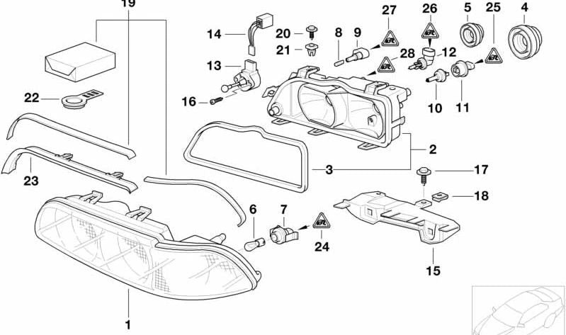 Cubierta izquierda del faro OEM 63128361555 para BMW E39. Original BMW.
